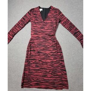 Hobbs London Women's Red Black Zebra‎ Print Midi Dress US 2 Long Sleeve V Neck